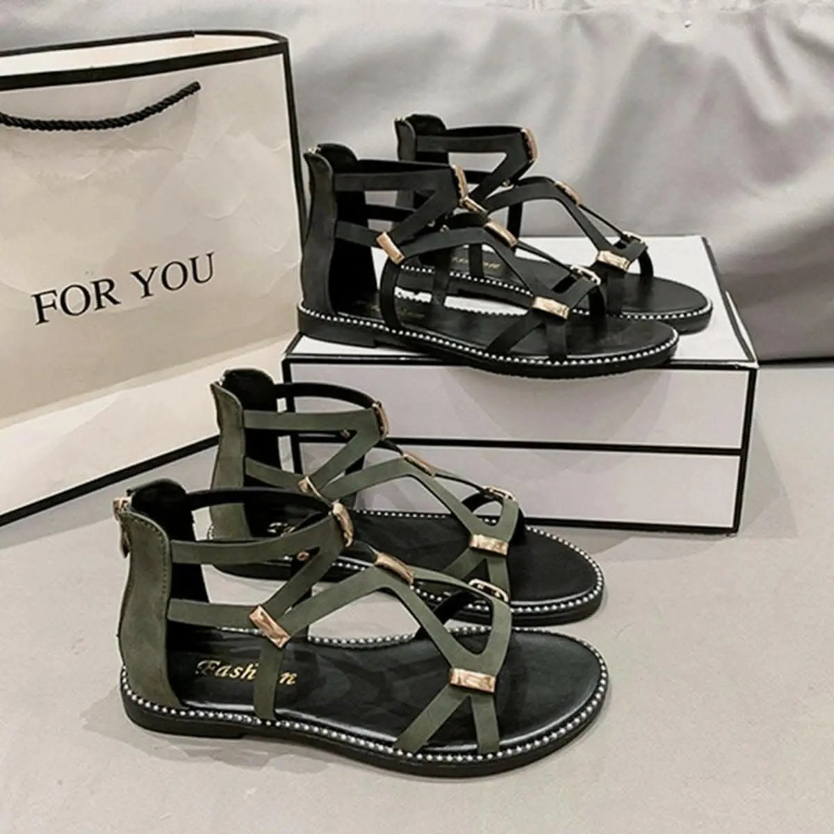 Flat Sandals - Open-Toe Zipper - Chic
