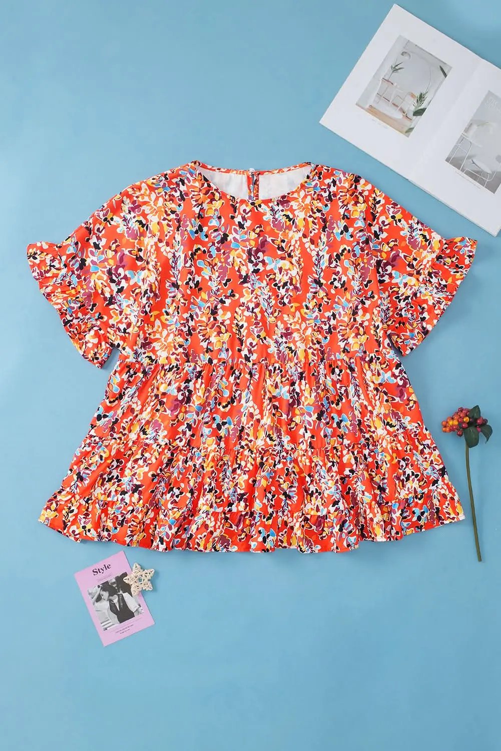 Women's Blouse - Orange Floral Ruffle Sleeve - Southern Belle Style