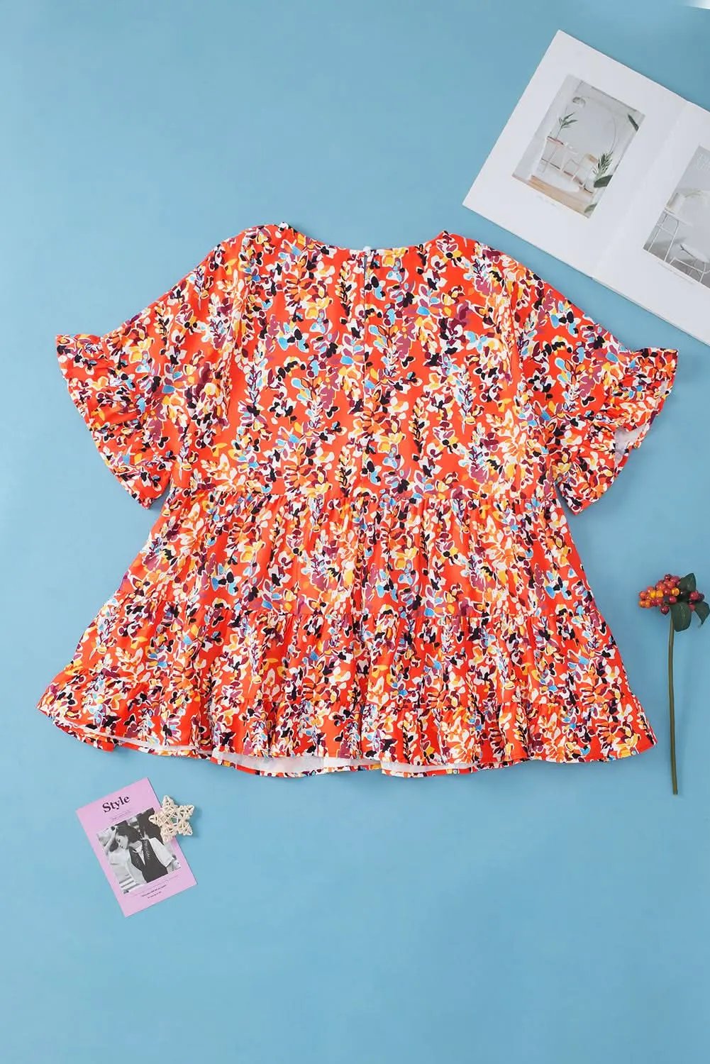 Women's Blouse - Orange Floral Ruffle Sleeve - Southern Belle Style