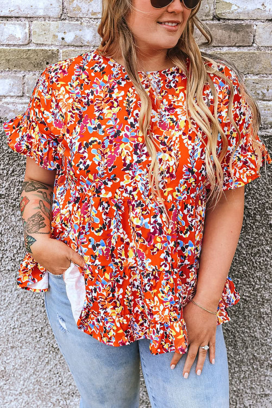 Women's Blouse - Orange Floral Ruffle Sleeve - Southern Belle Style