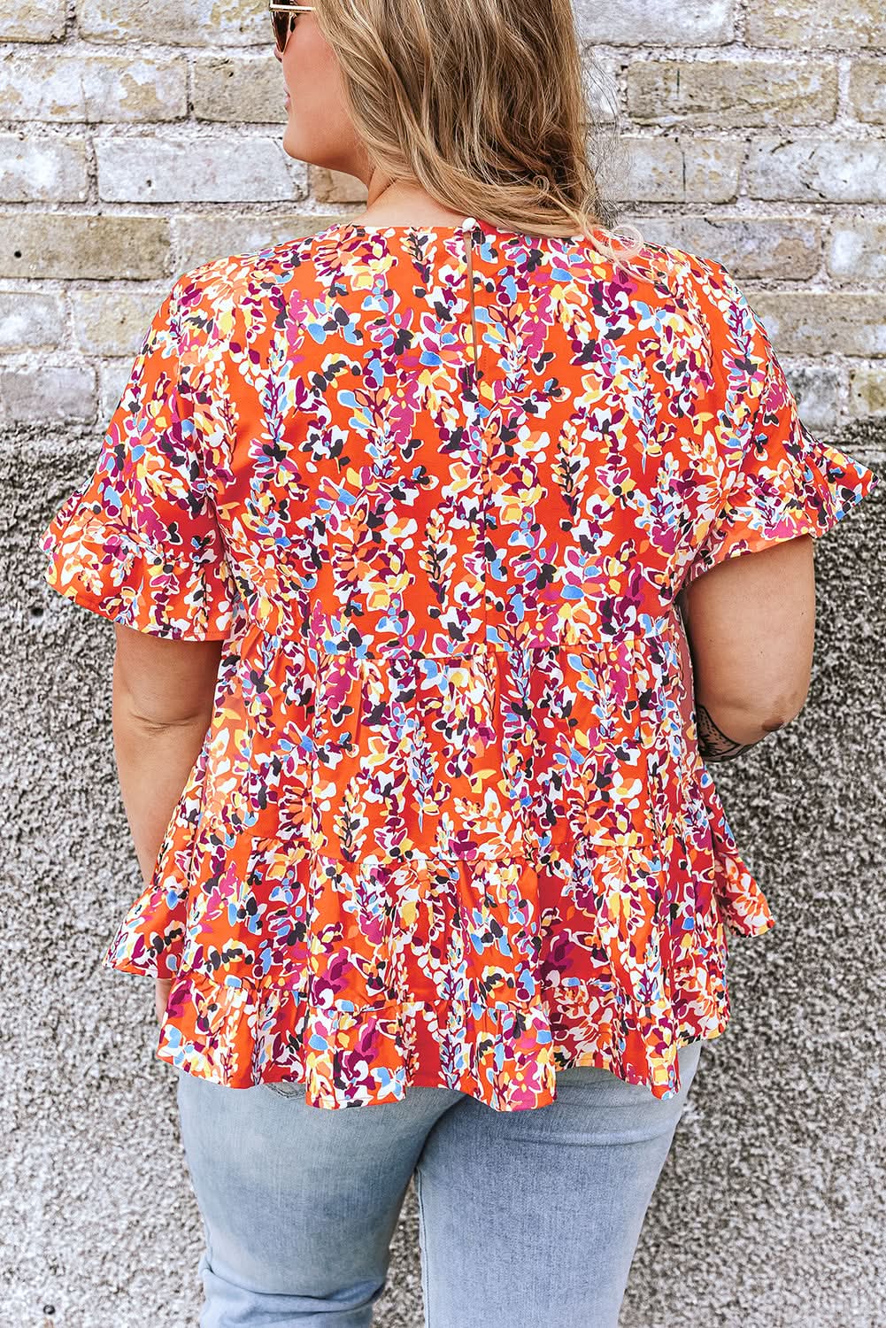 Women's Blouse - Orange Floral Ruffle Sleeve - Southern Belle Style