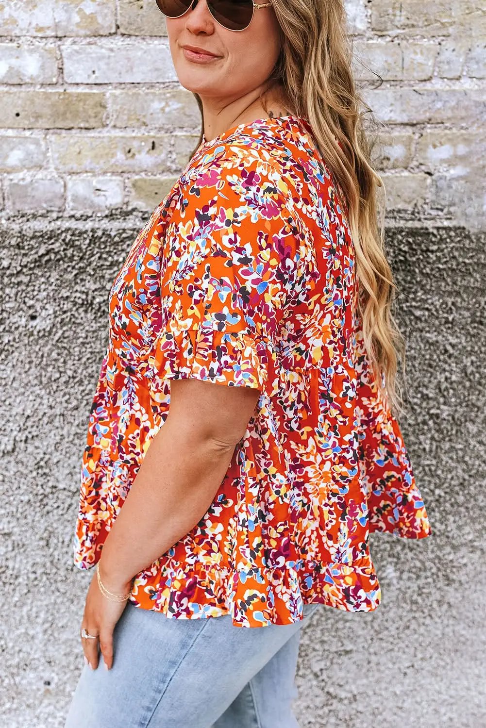 Women's Blouse - Orange Floral Ruffle Sleeve - Southern Belle Style