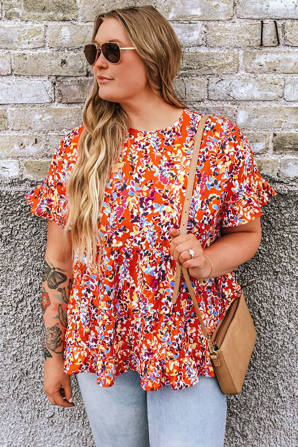 Women's Blouse - Orange Floral Ruffle Sleeve - Southern Belle Style