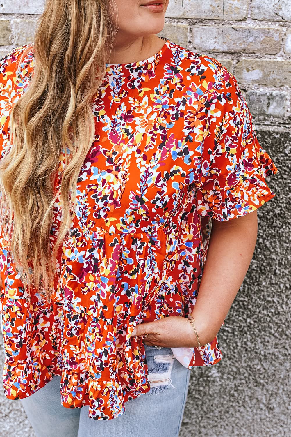 Women's Blouse - Orange Floral Ruffle Sleeve - Southern Belle Style