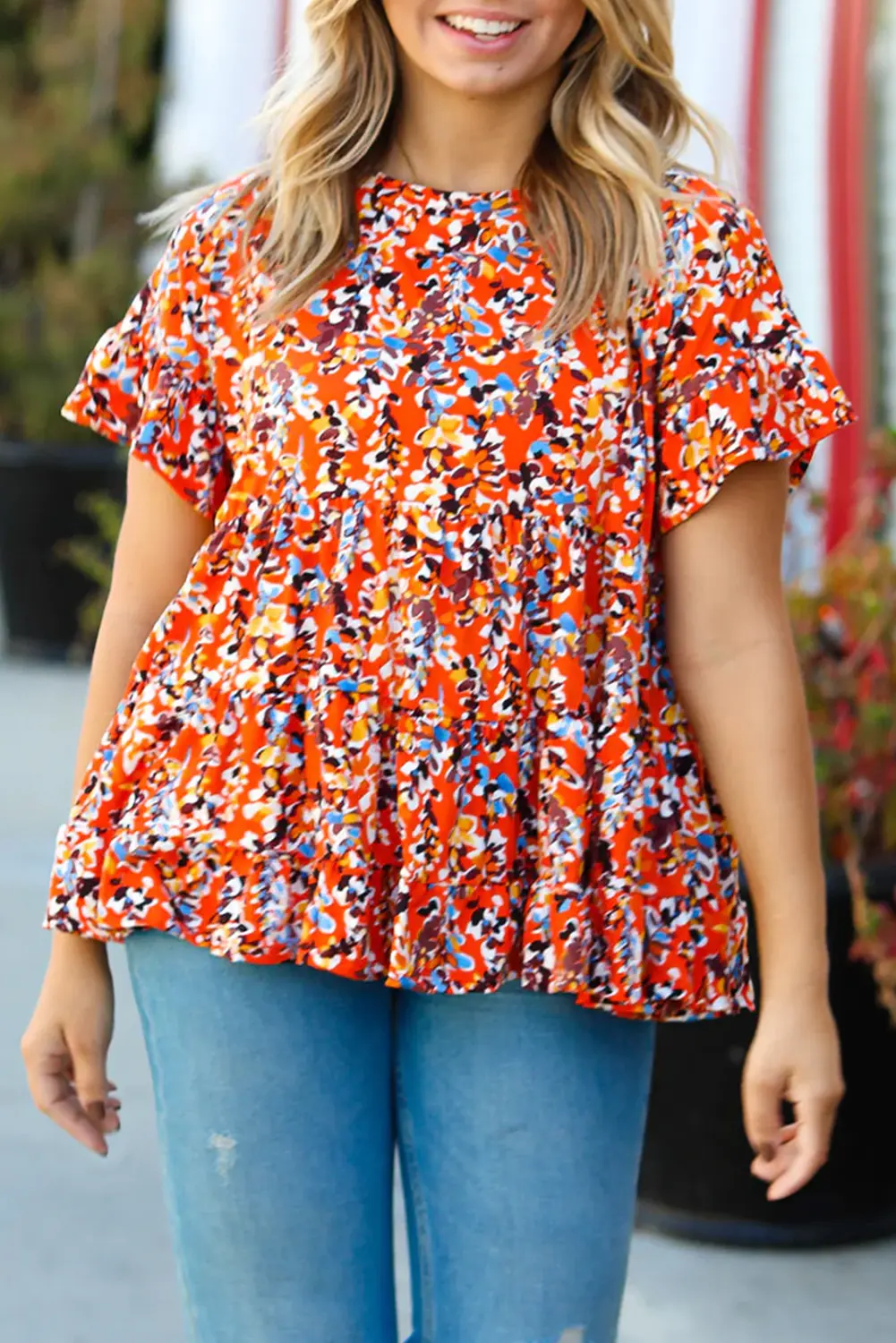 Women's Blouse - Orange Floral Ruffle Sleeve - Southern Belle Style