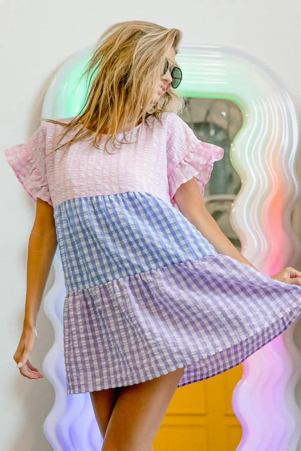 Trendsi Chic plaid color block tiered blouse