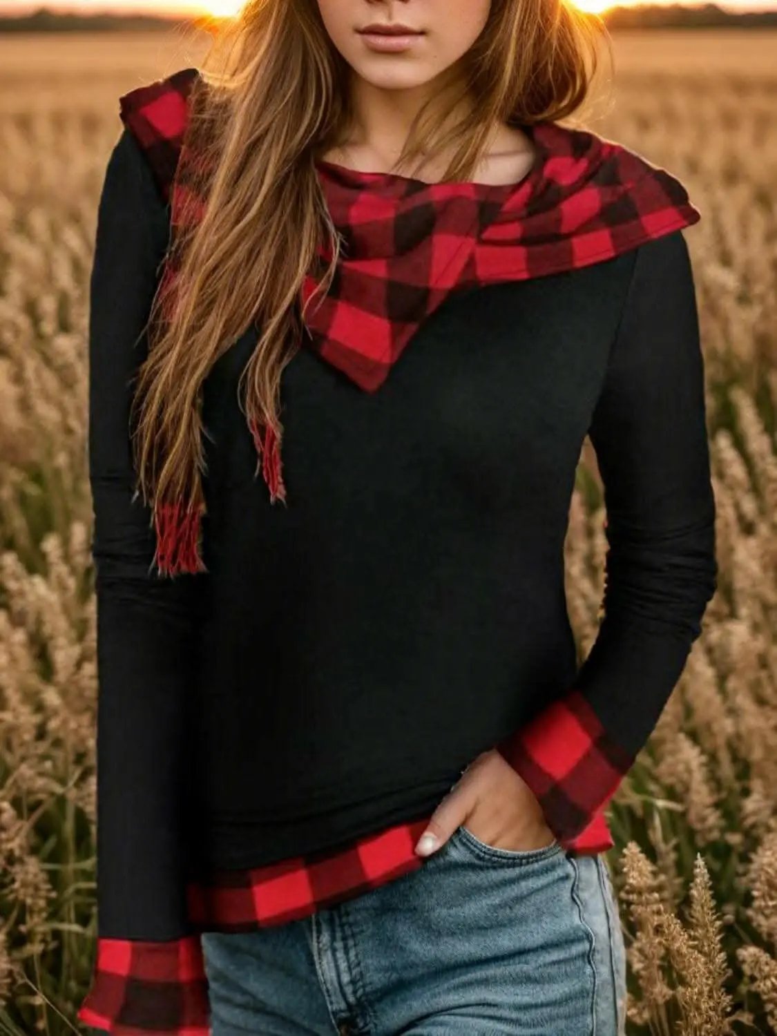 Trendsi Chic plaid hooded long sleeve blouse