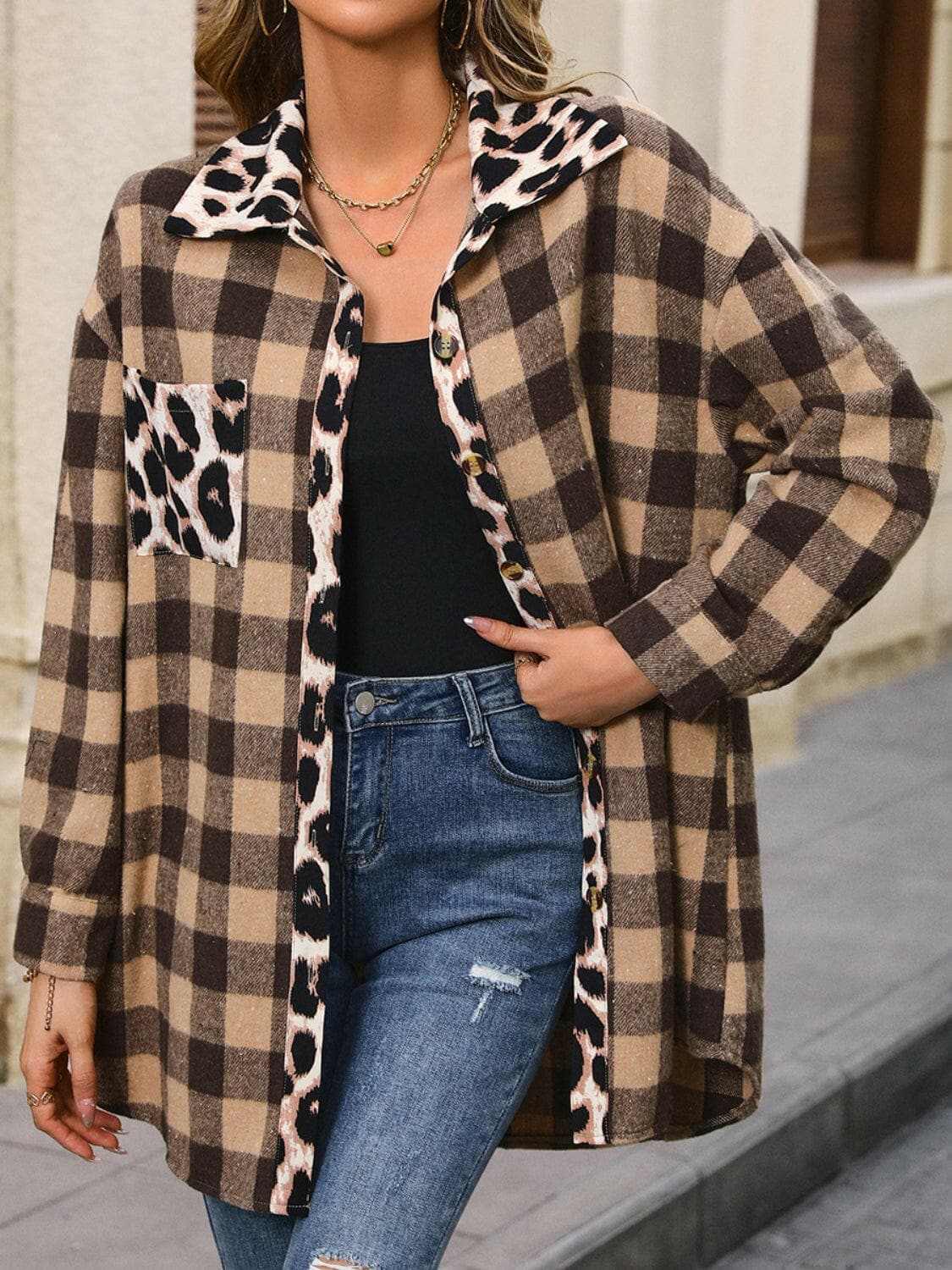 Trendsi Chic plaid jacket with dropped shoulders