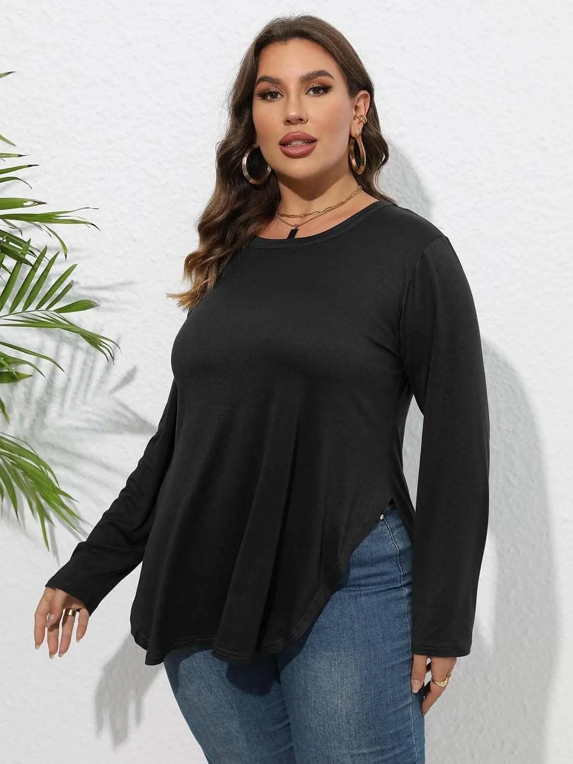 Plus Size T-Shirt - Sheer Sleeve - Casual Top