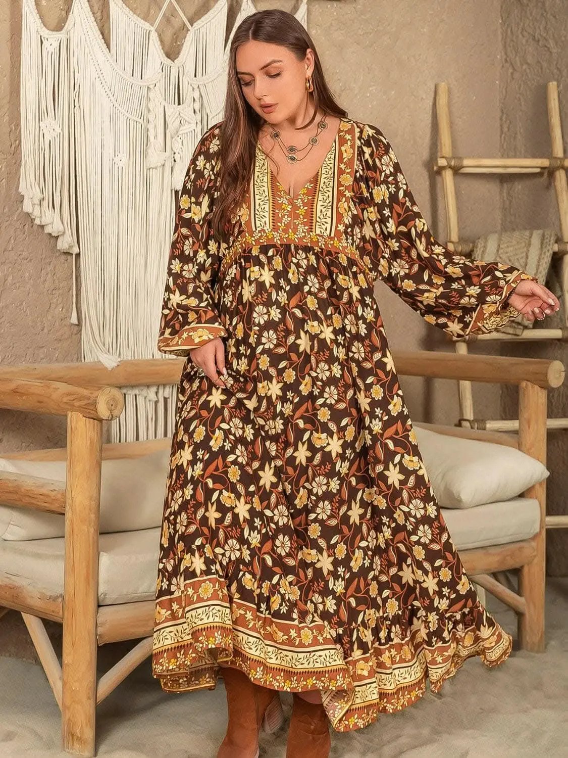 Trendsi V-Neck Dress Women's Plus Size Chic Balloon Sleeve Mini Dress - Flattering & Stylish