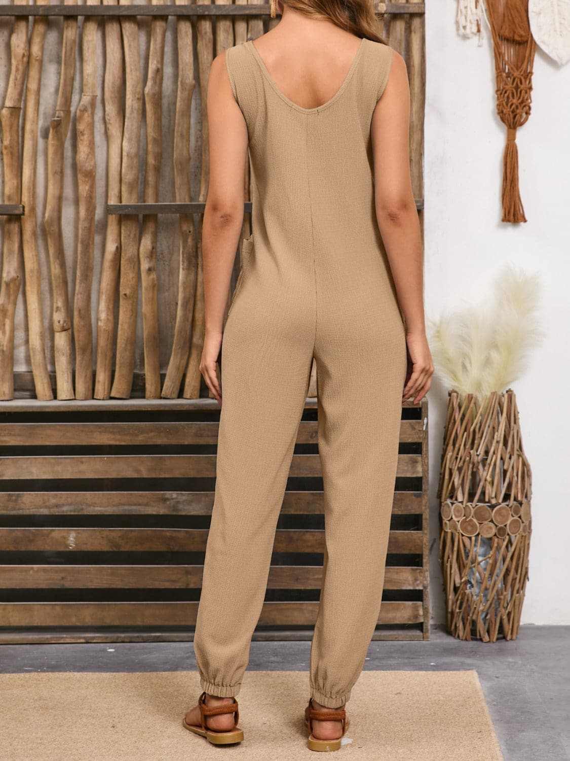Chic Jumpsuit - Pocketed Design with Sheer Straps