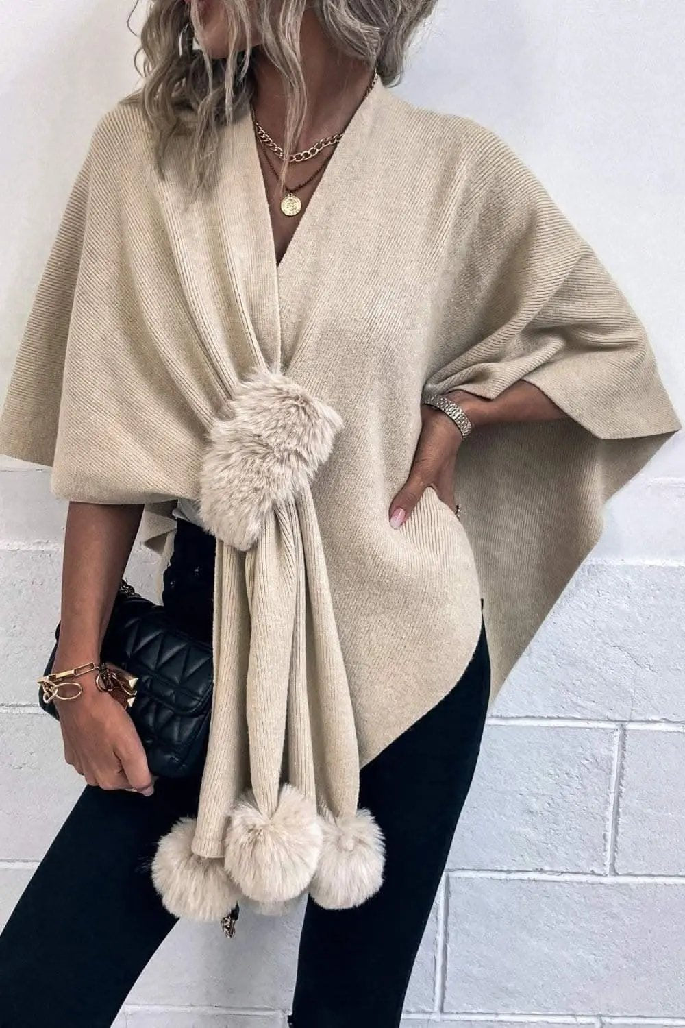 Trendsi Chic poncho with pom-pom trim