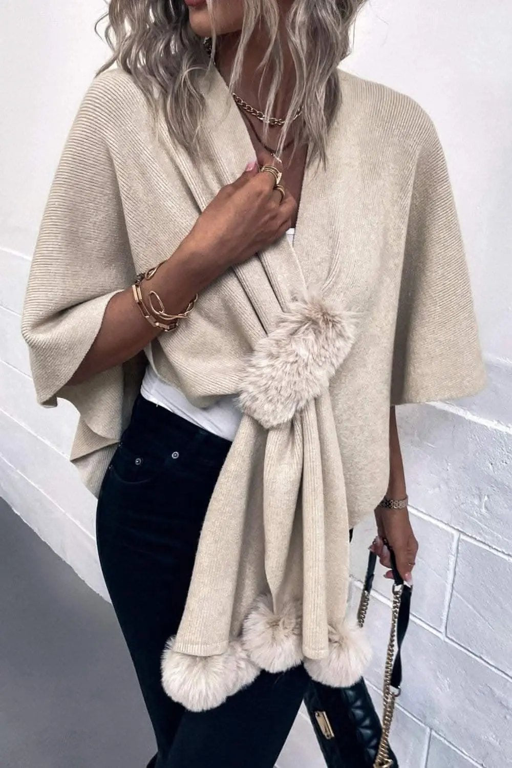Trendsi Chic poncho with pom-pom trim