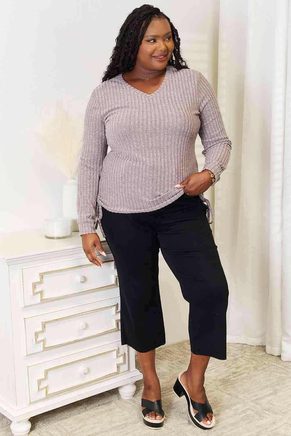 Ribbed Top - Drawstring Detail - Casual Fashion