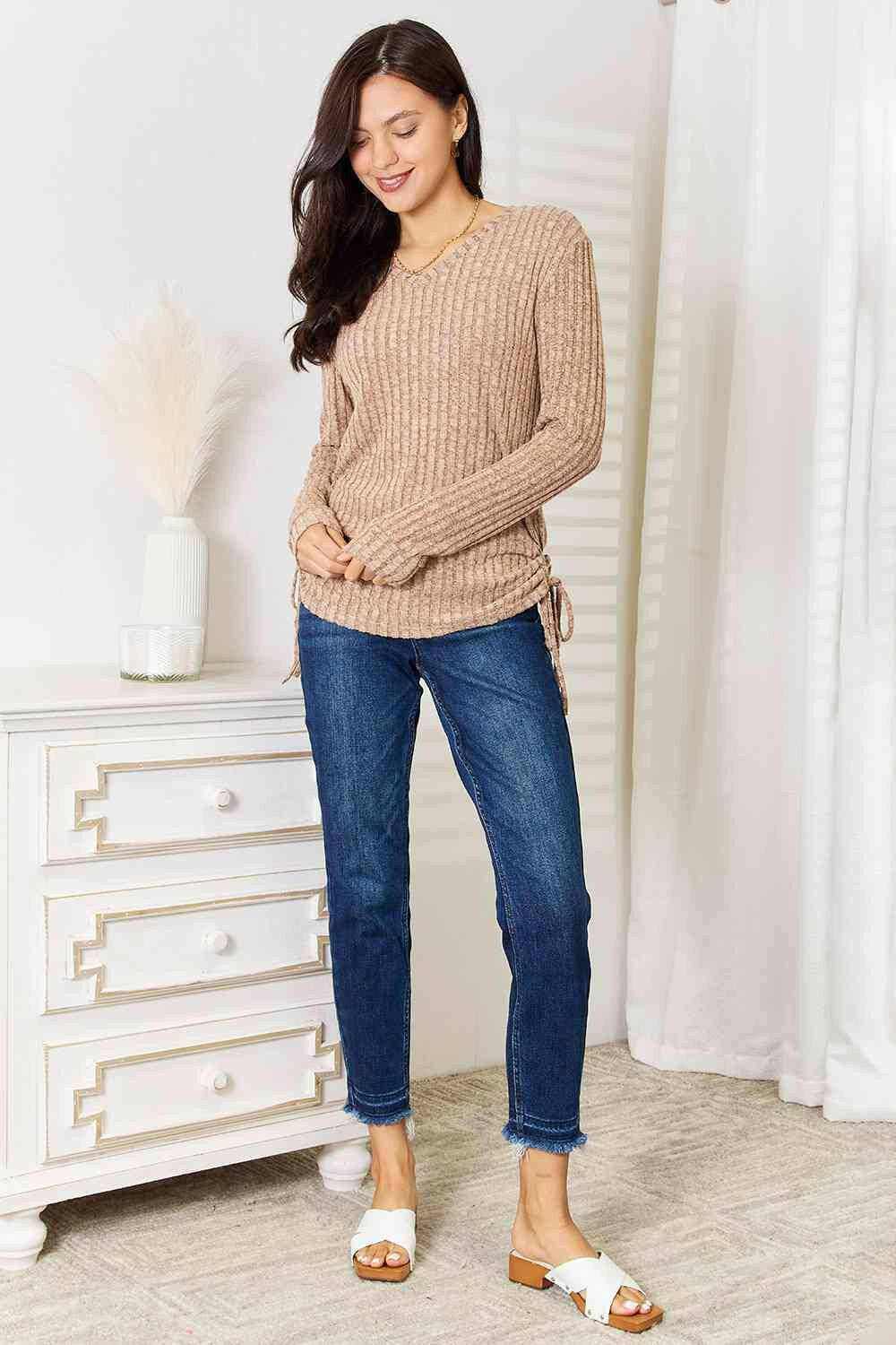 Ribbed Top - Drawstring Detail - Casual Fashion