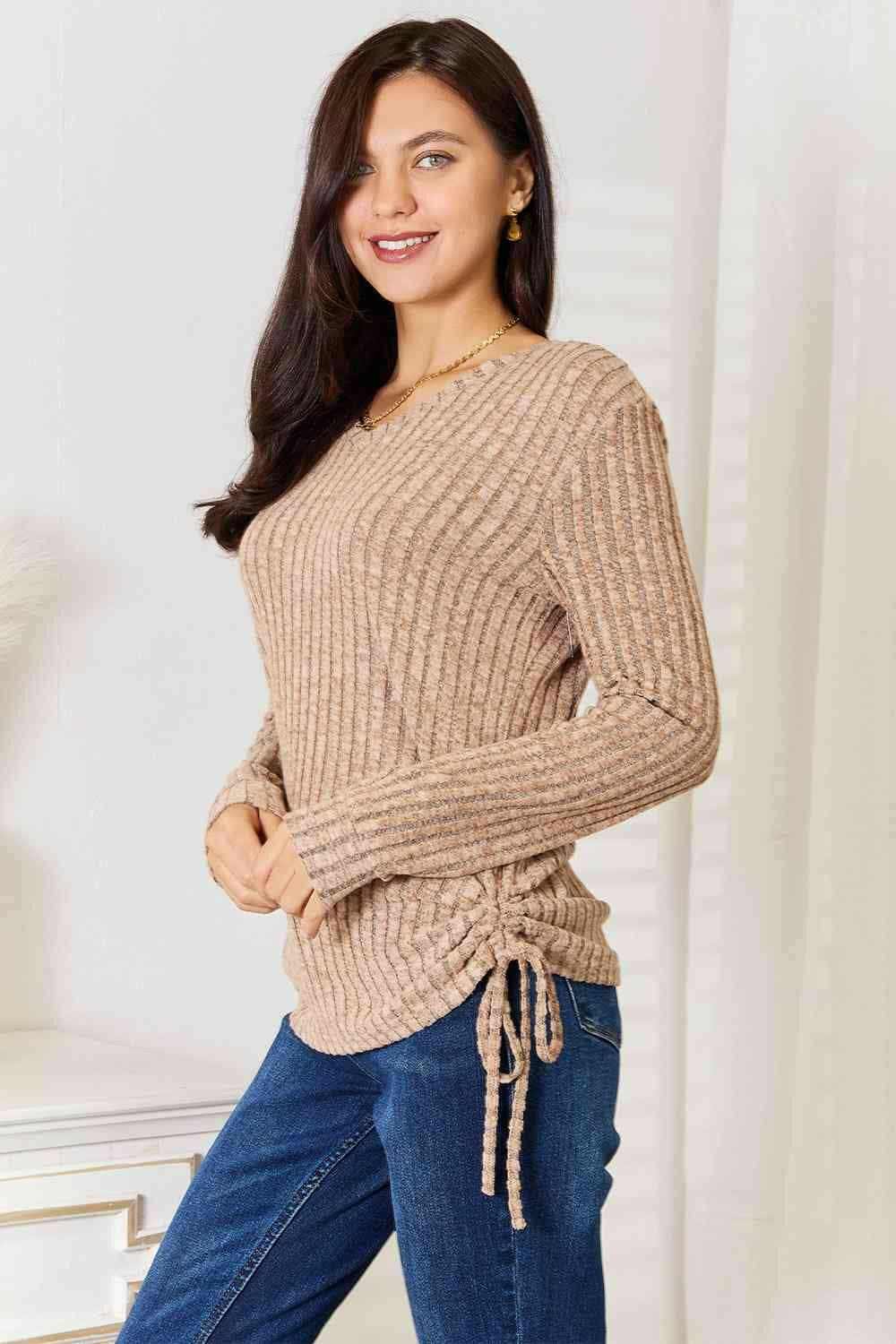 Ribbed Top - Drawstring Detail - Casual Fashion