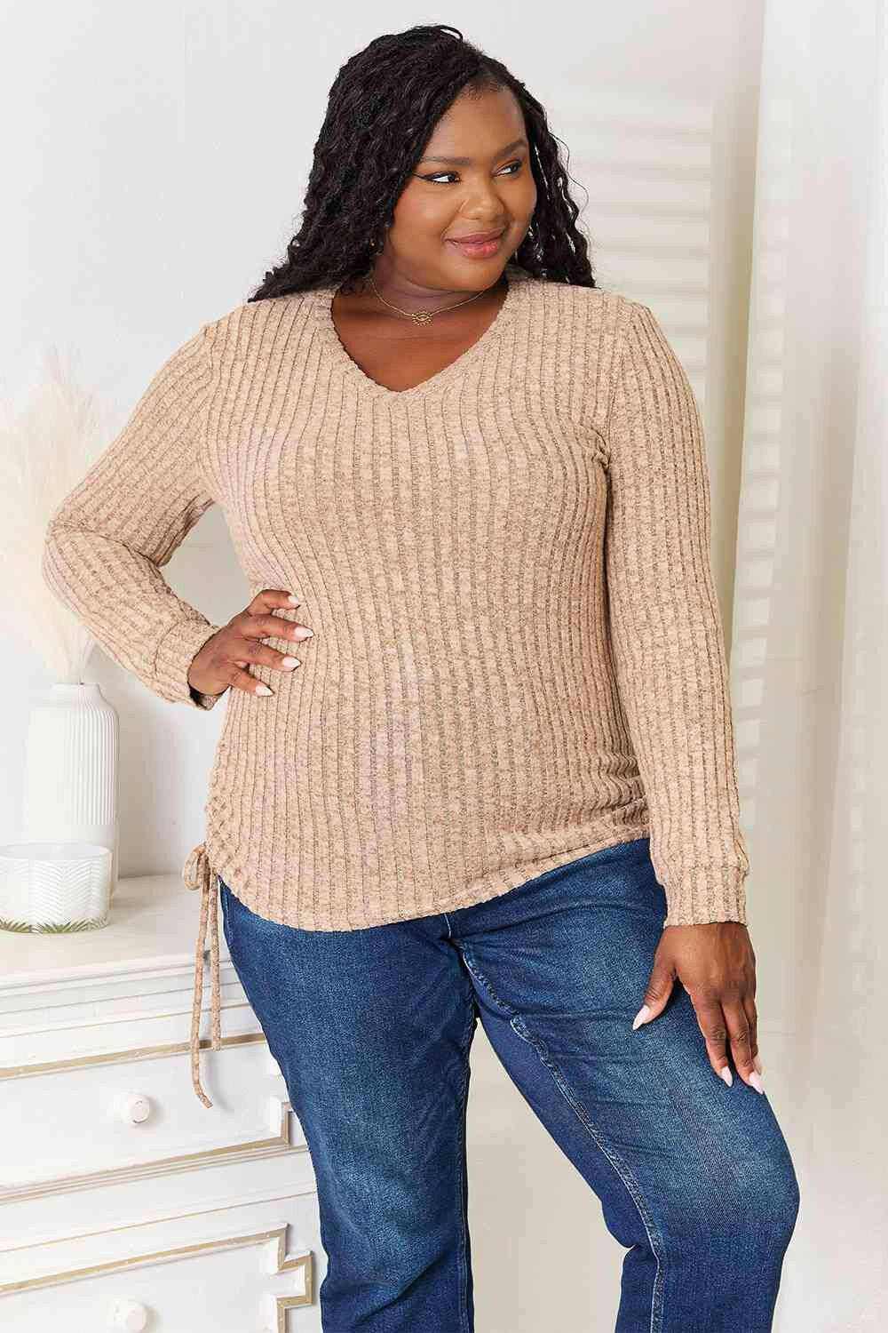 Ribbed Top - Drawstring Detail - Casual Fashion