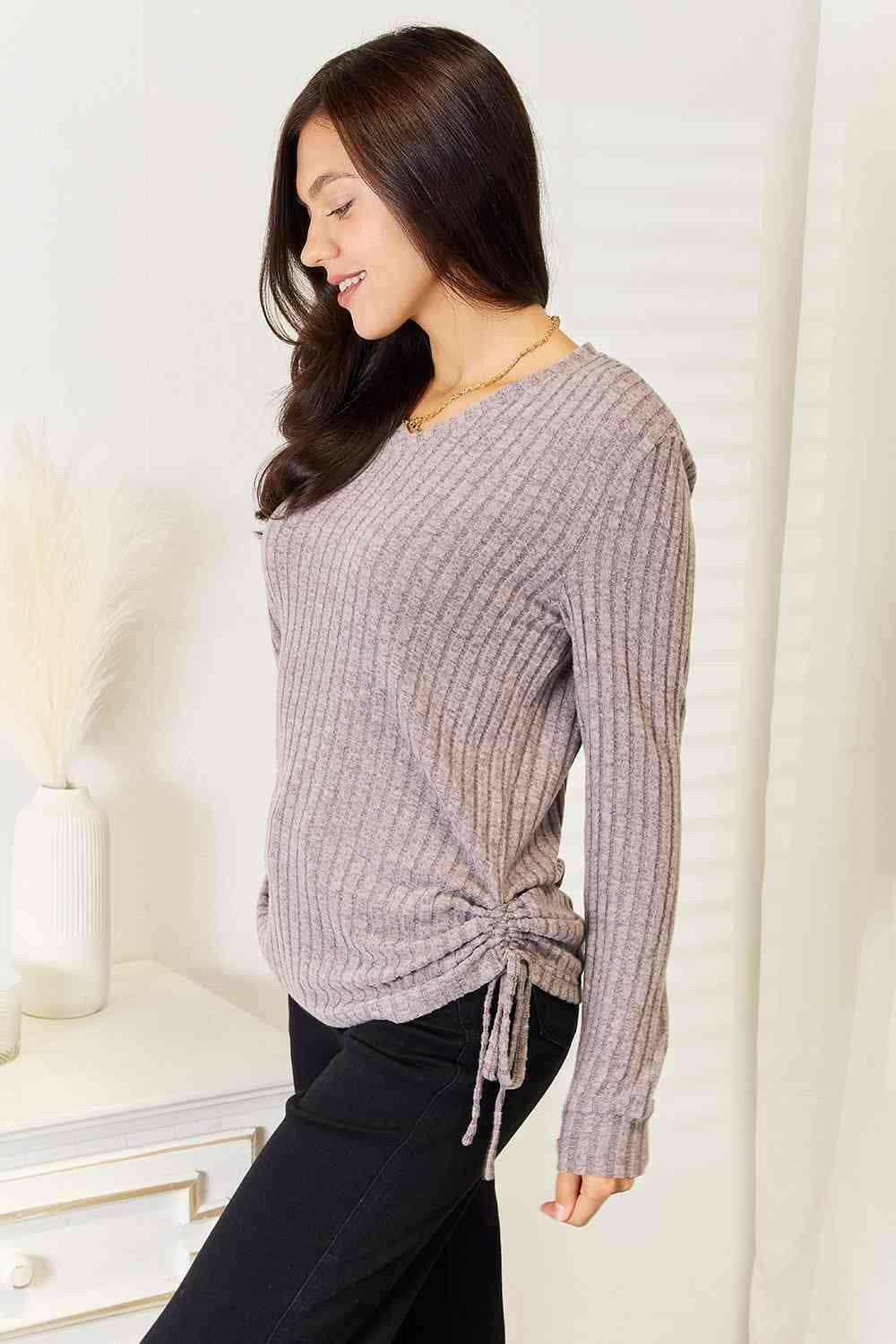 Ribbed Top - Drawstring Detail - Casual Fashion
