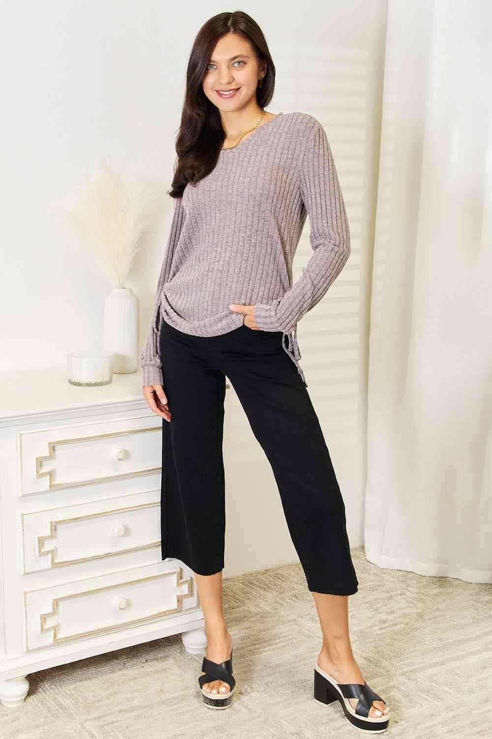 Ribbed Top - Drawstring Detail - Casual Fashion