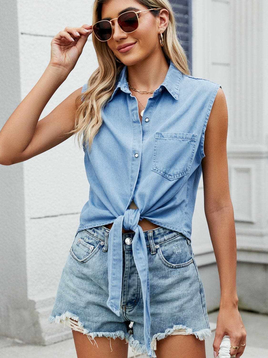 Trendsi Premium Chic sleeveless denim top - collared neck