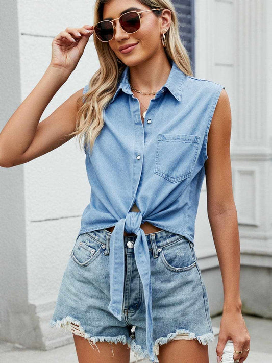 Trendsi Premium Chic sleeveless denim top - collared neck