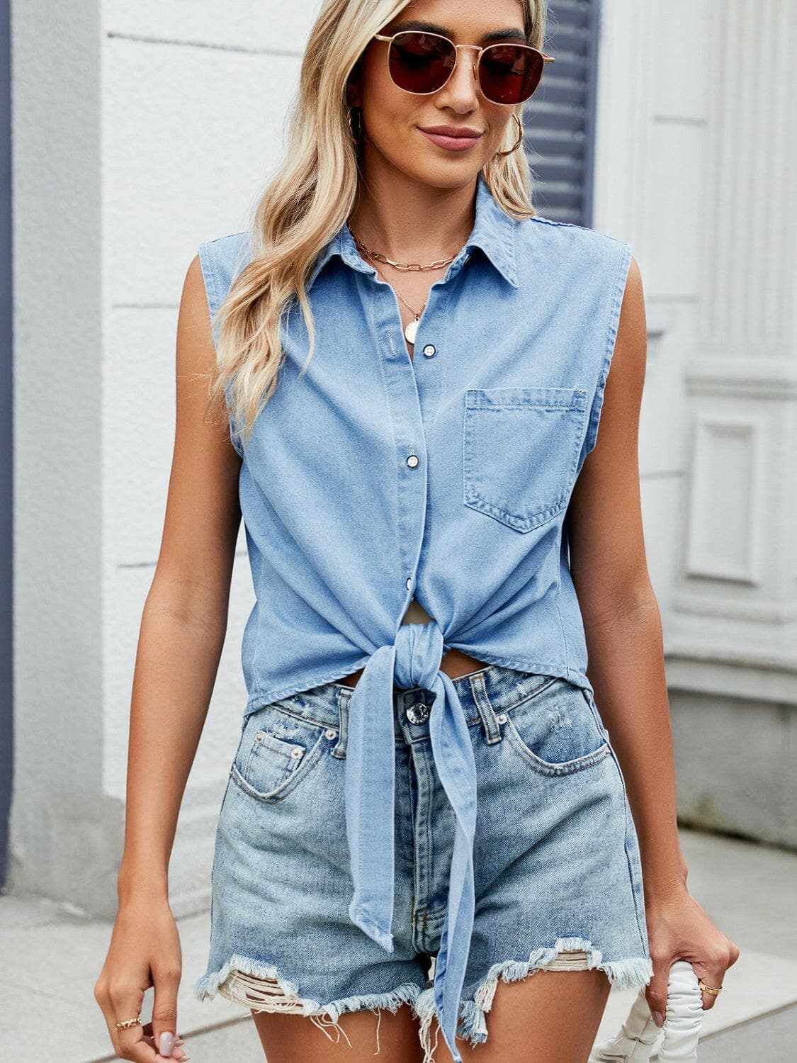 Trendsi Premium Chic sleeveless denim top - collared neck