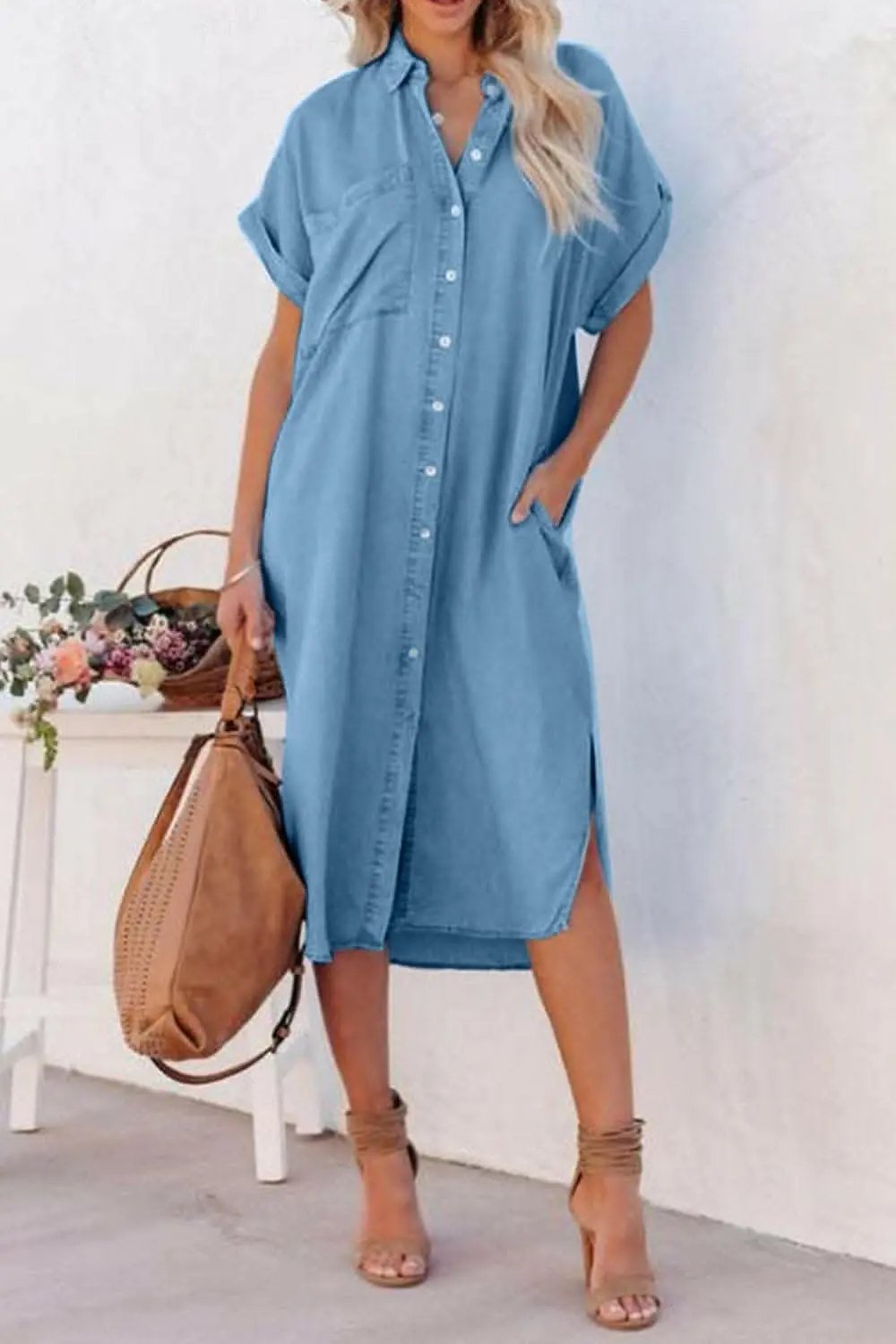 Trendsi Jeans & Denim Chic slit denim button-up dress