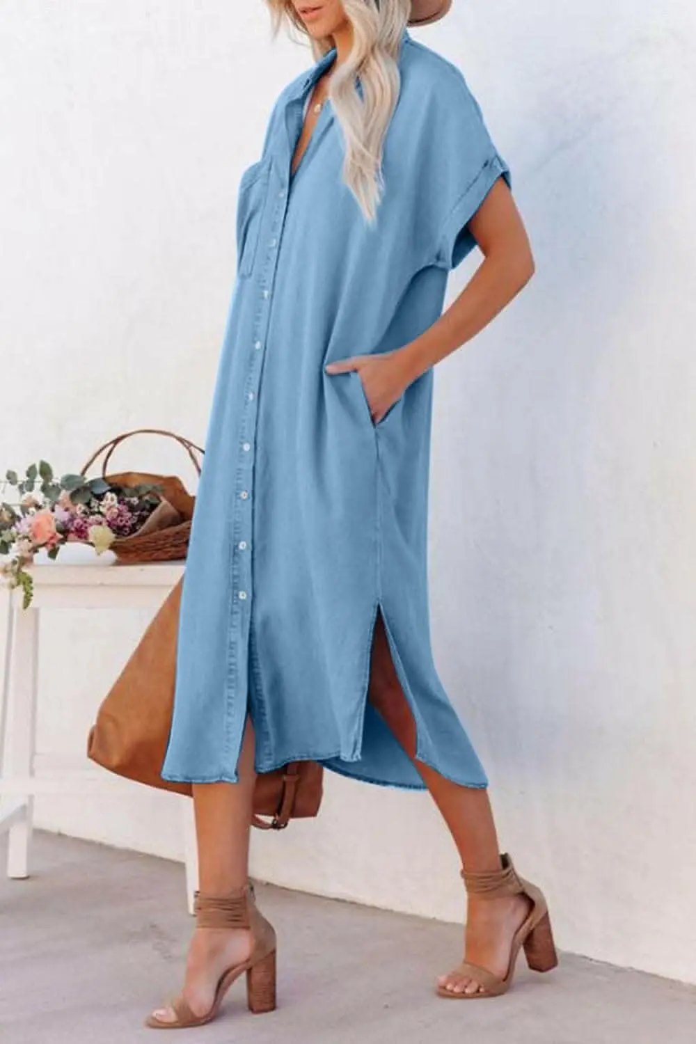 Trendsi Jeans & Denim Chic slit denim button-up dress