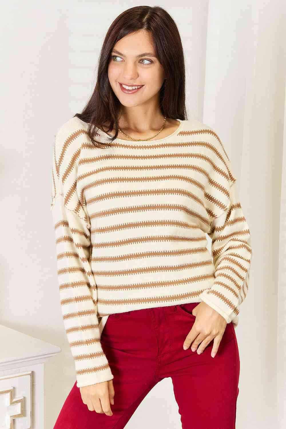 Striped Boat Neck Sweater - Chic Knit Top