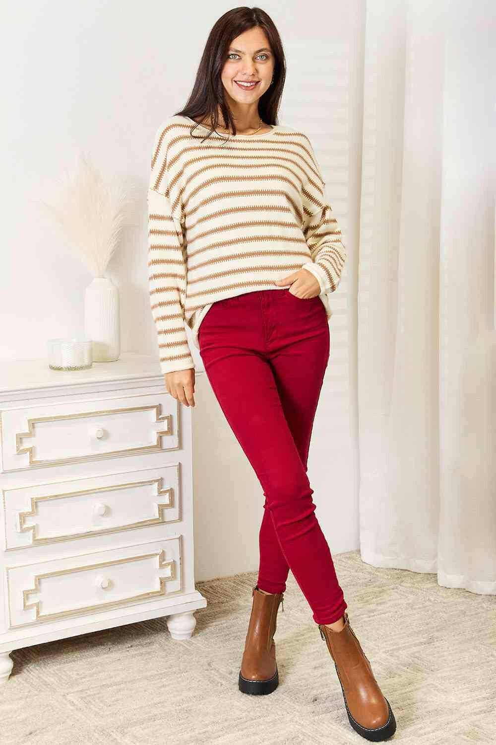 Striped Boat Neck Sweater - Chic Knit Top