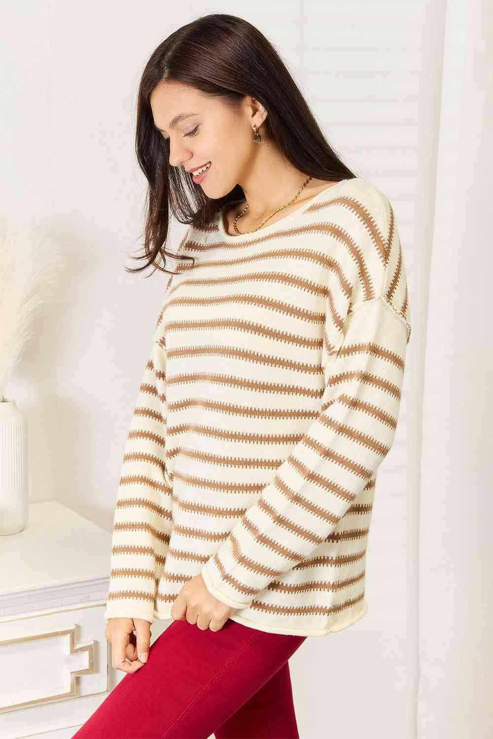 Striped Boat Neck Sweater - Chic Knit Top