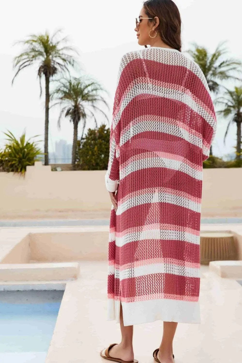 Cotton Duster - Chic Striped Slit - Swimwear Cover-Up