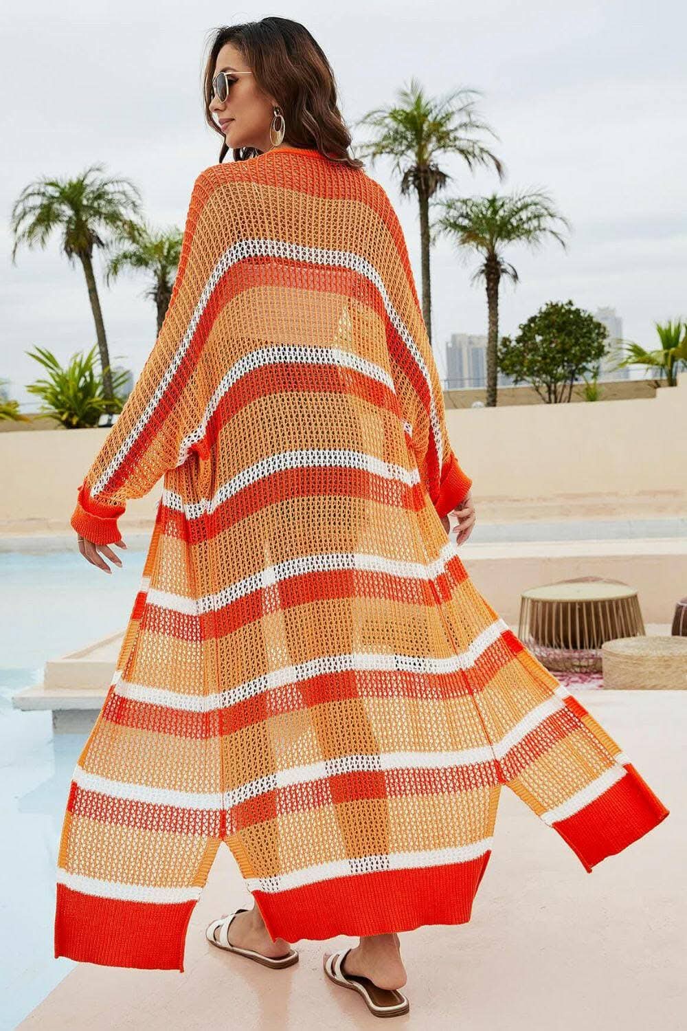Cotton Duster - Chic Striped Slit - Swimwear Cover-Up