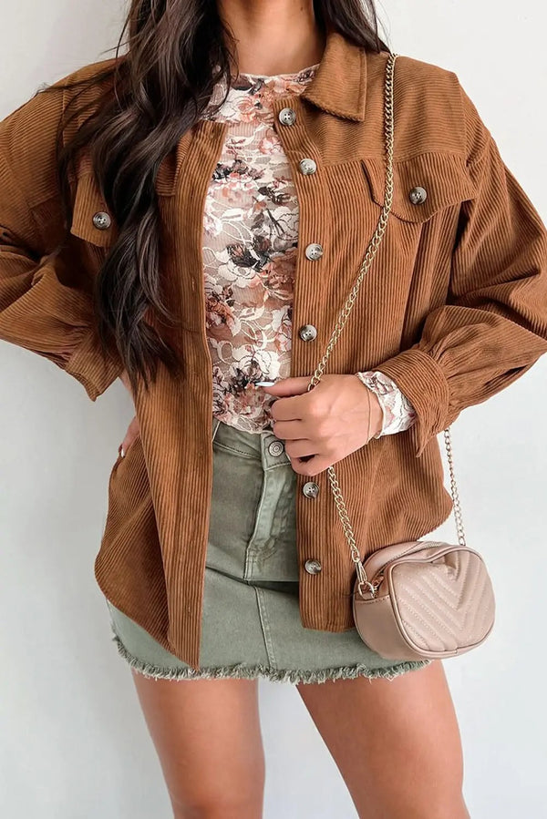 Love Salve Cinnamon Corduroy Women's Everyday Shacket: Flap Pocket, Button Up