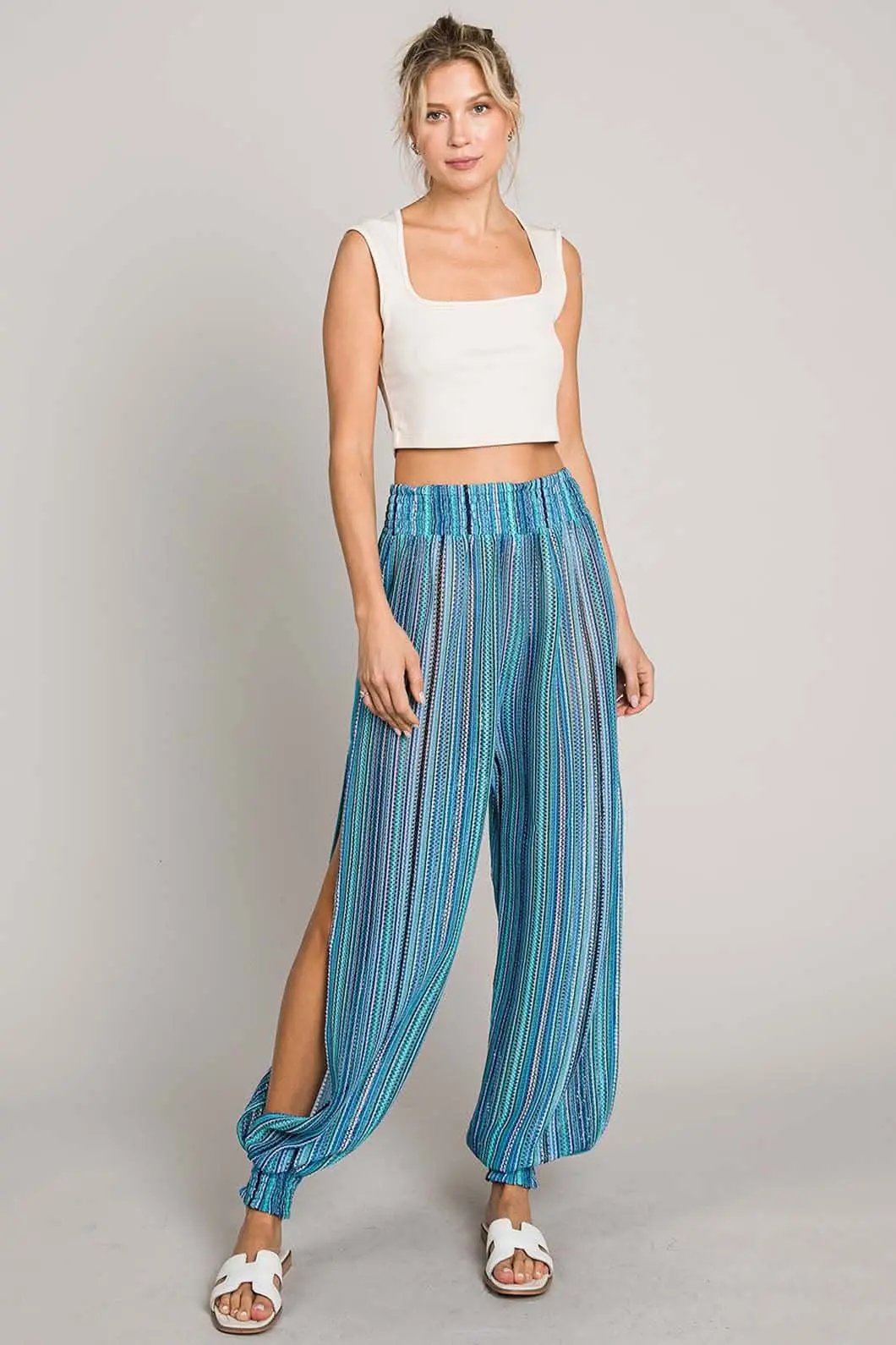 Trendsi Cotton Bleu Striped Smocked Women's Cover Up Pants - Comfy & Lightweight
