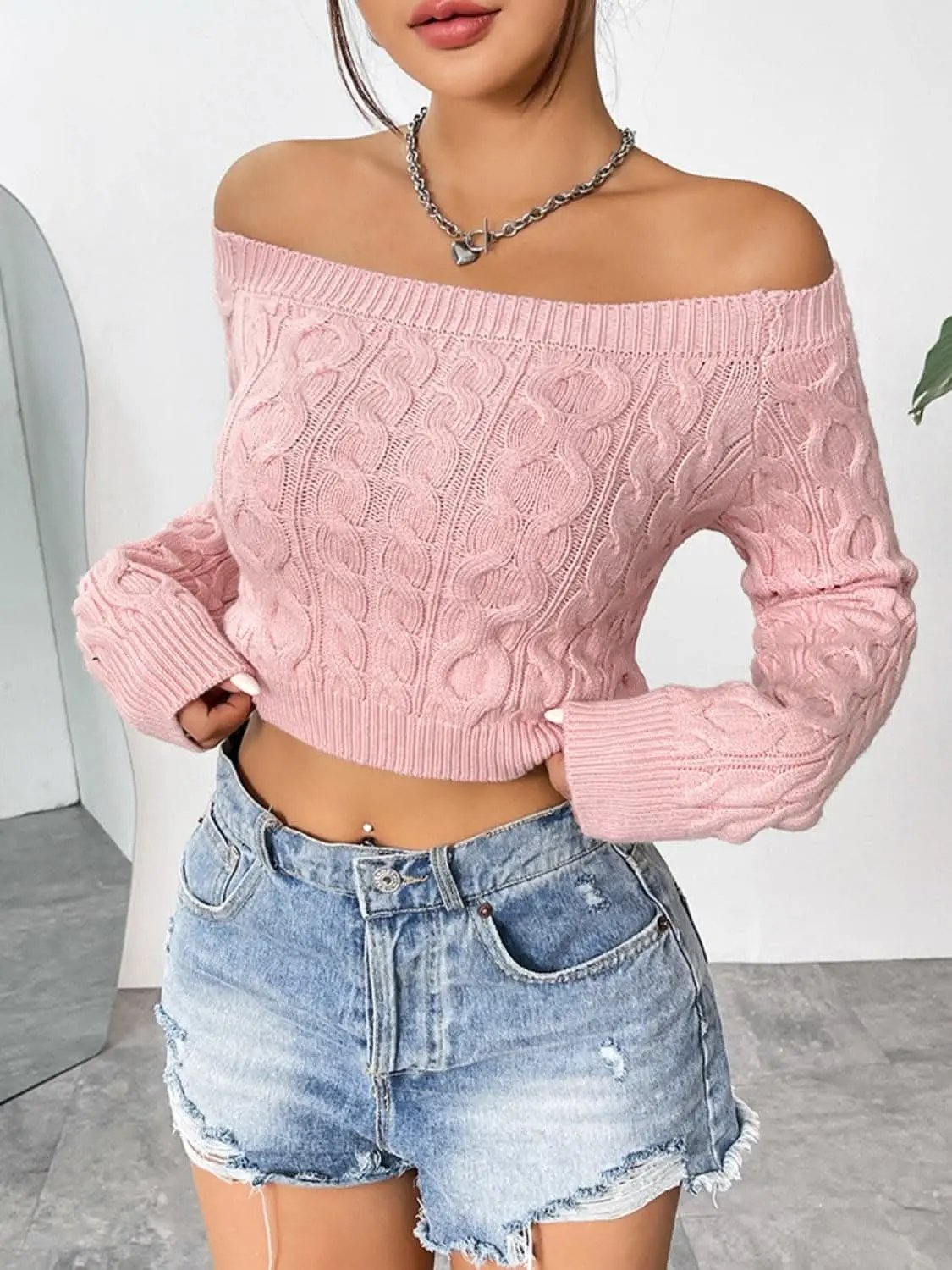 Trendsi Cozy off-shoulder cable-knit top