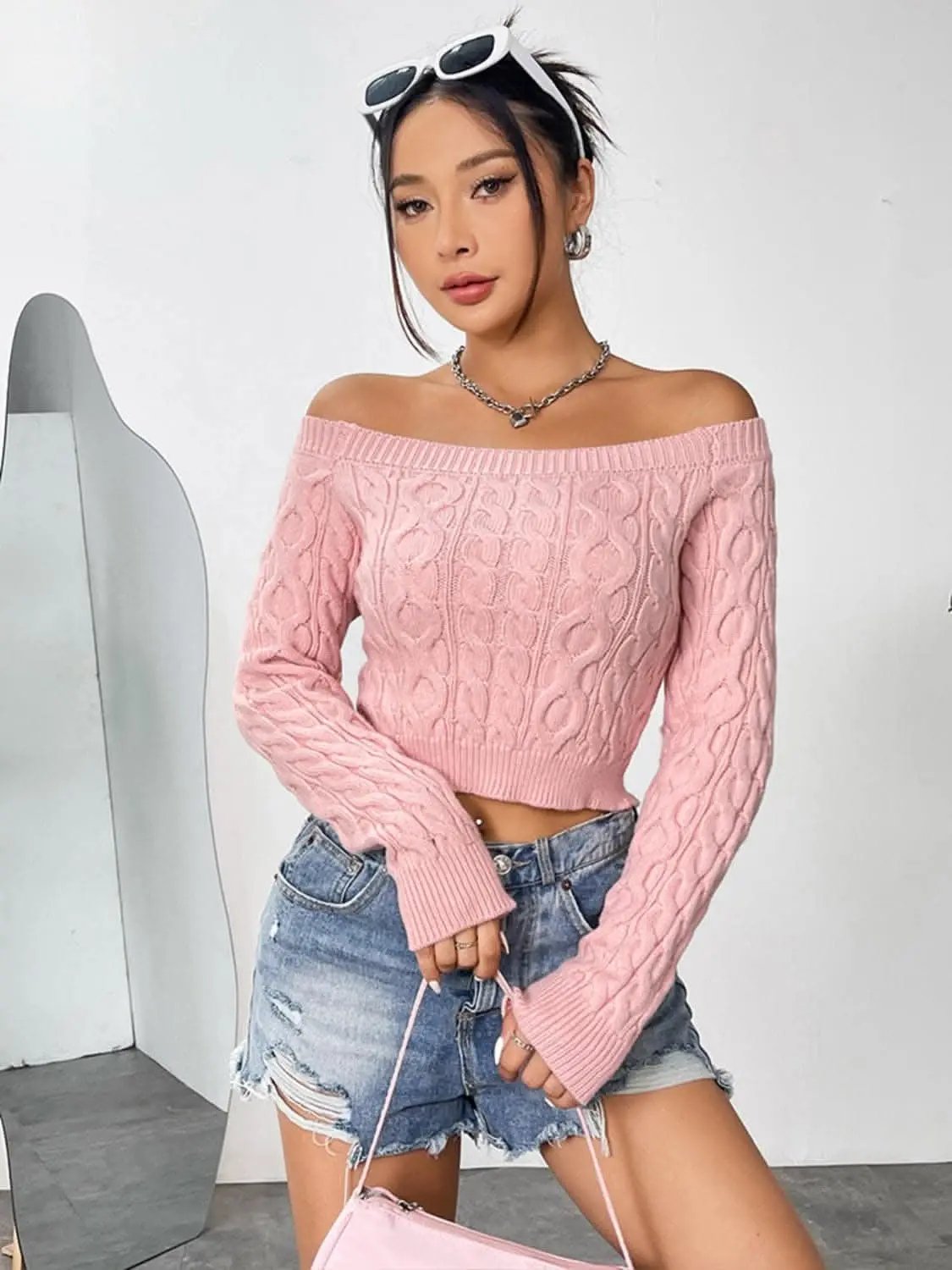 Trendsi Cozy off-shoulder cable-knit top