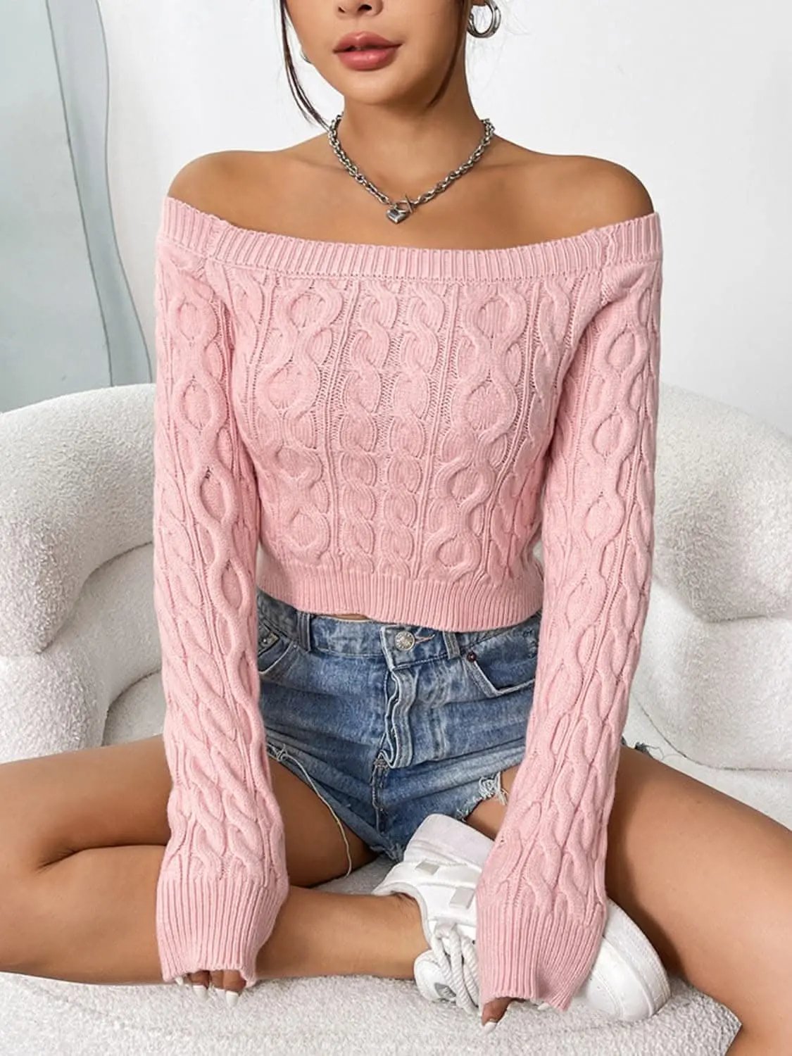 Trendsi Cozy off-shoulder cable-knit top