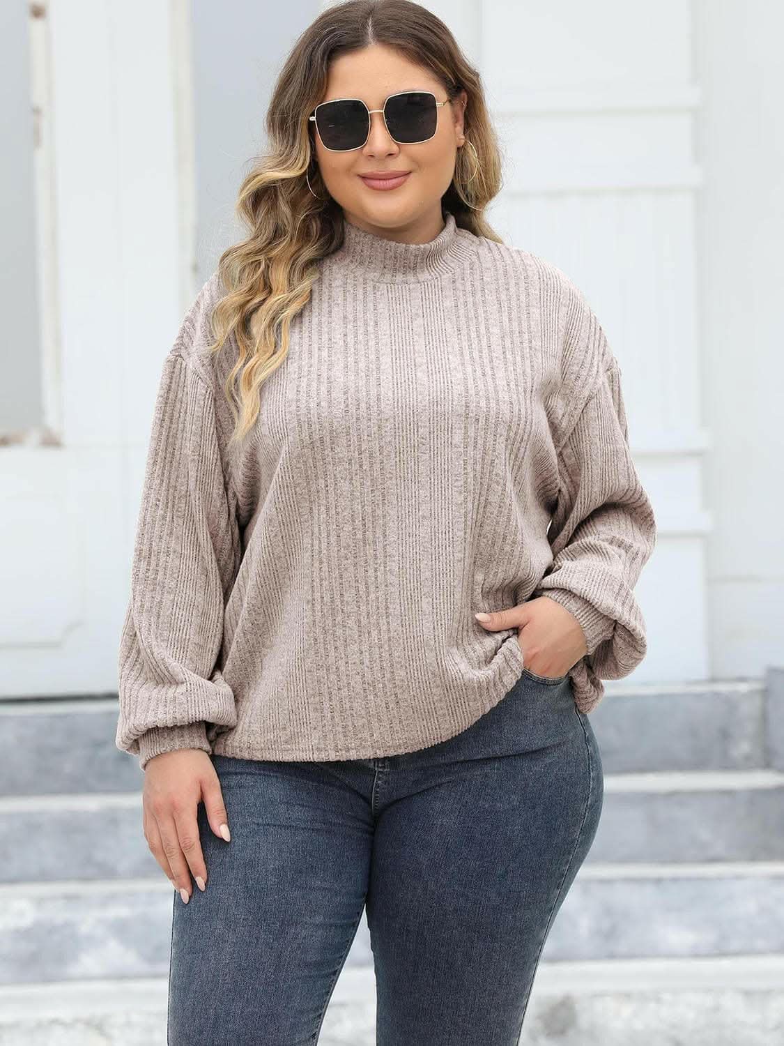 Trendsi Plus Size Ribbed Top Women's Cozy Mock Neck Casual Tee