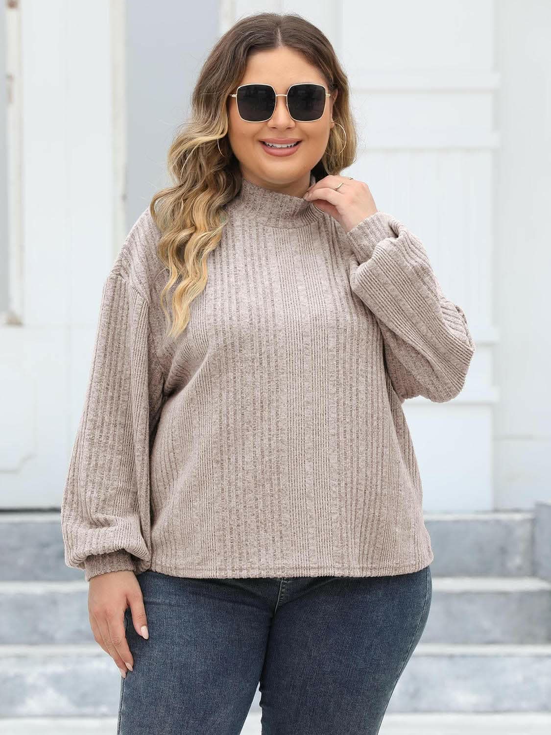 Trendsi Plus Size Ribbed Top Women's Cozy Mock Neck Casual Tee