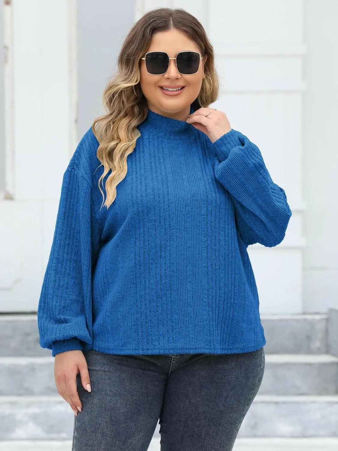 Trendsi Plus Size Ribbed Top Women's Cozy Mock Neck Casual Tee