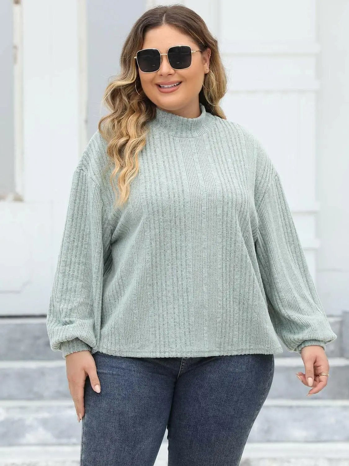 Trendsi Plus Size Ribbed Top Women's Cozy Mock Neck Casual Tee