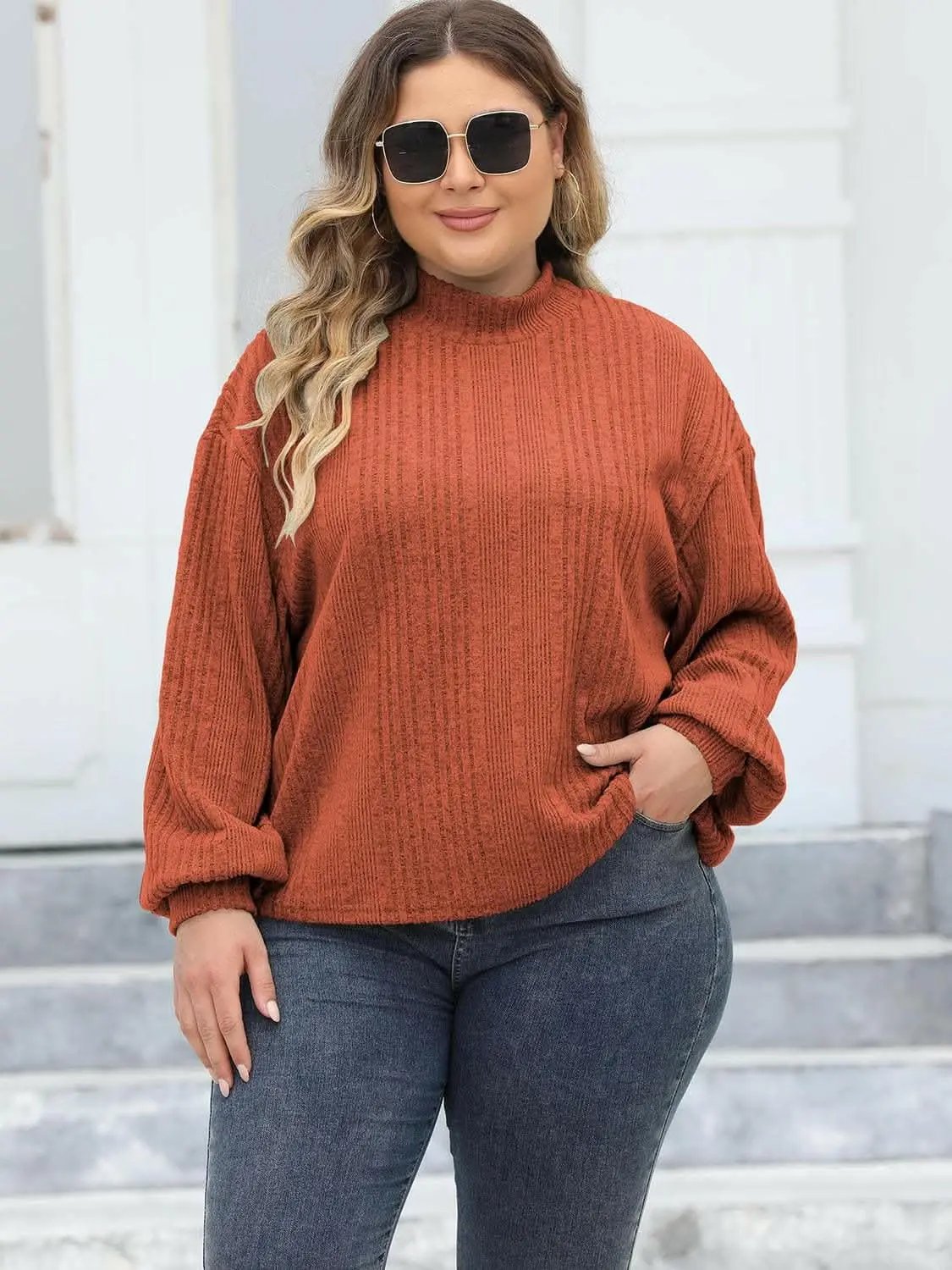 Trendsi Plus Size Ribbed Top Women's Cozy Mock Neck Casual Tee
