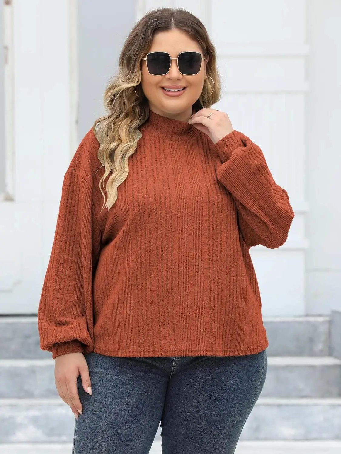 Trendsi Plus Size Ribbed Top Women's Cozy Mock Neck Casual Tee