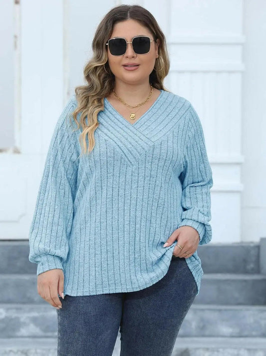 Trendsi plus - Cozy ribbed v-neck top for curves