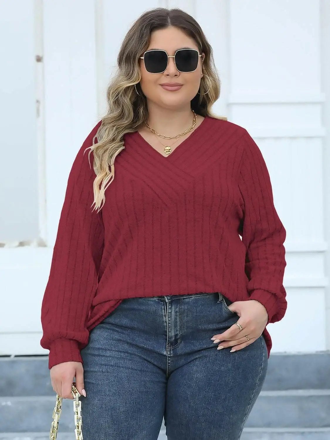Trendsi plus - Cozy ribbed v-neck top for curves