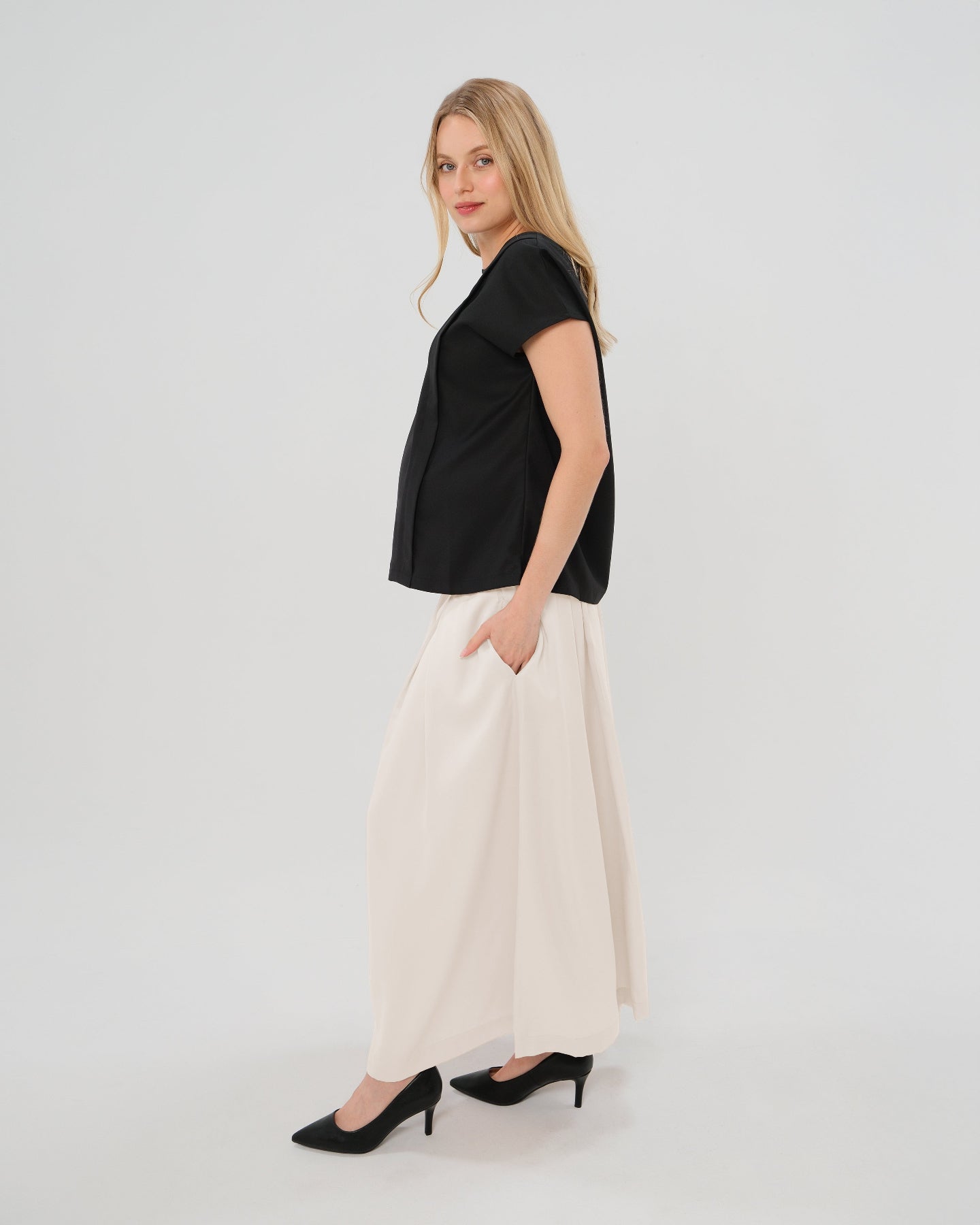 Over-Under Bump Pleated Maternity Maxi Skirt in Cream Satin