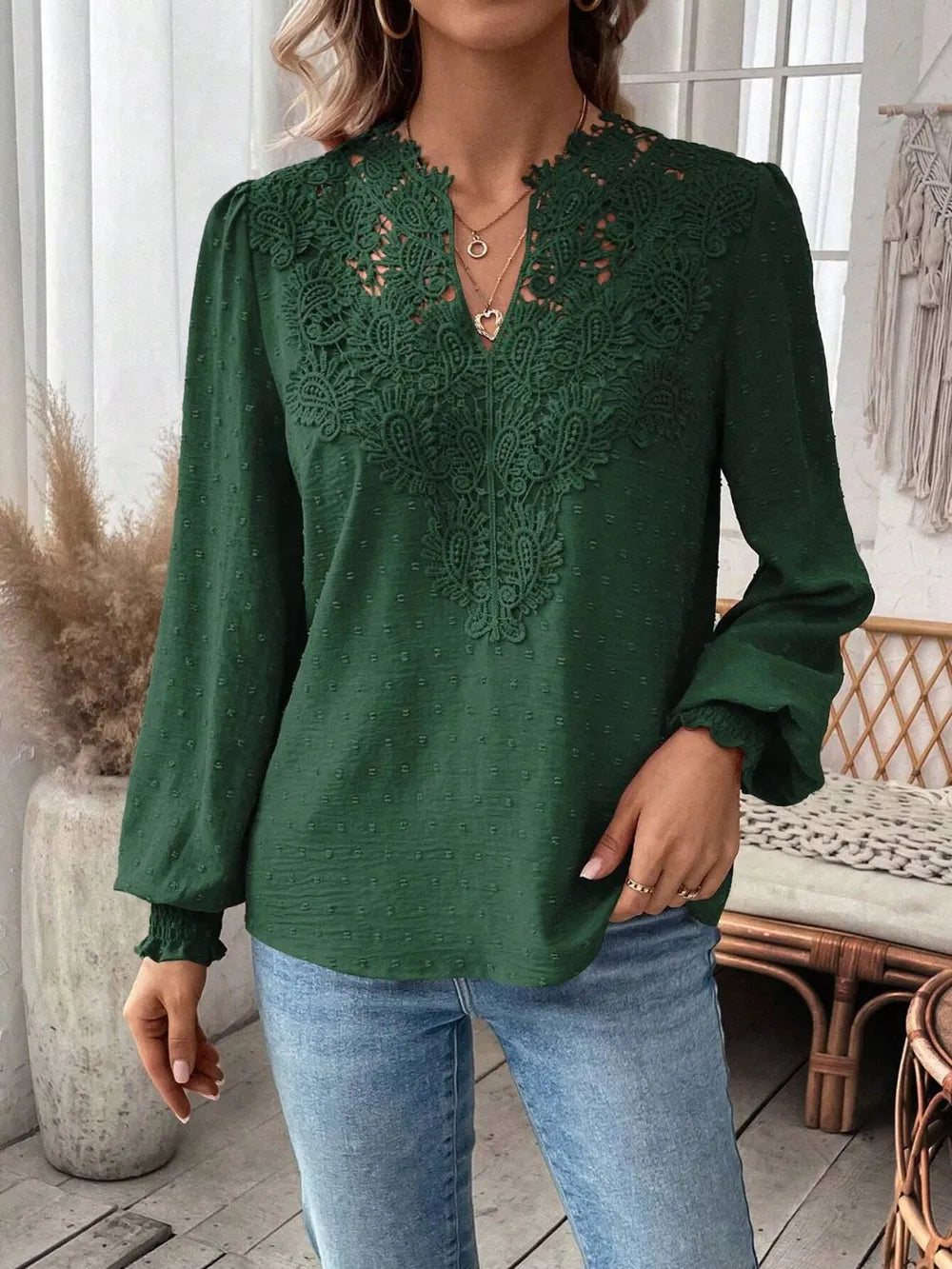 Swiss Dot Lace Detail Notched Long Sleeve Blouse – Feminine Style
