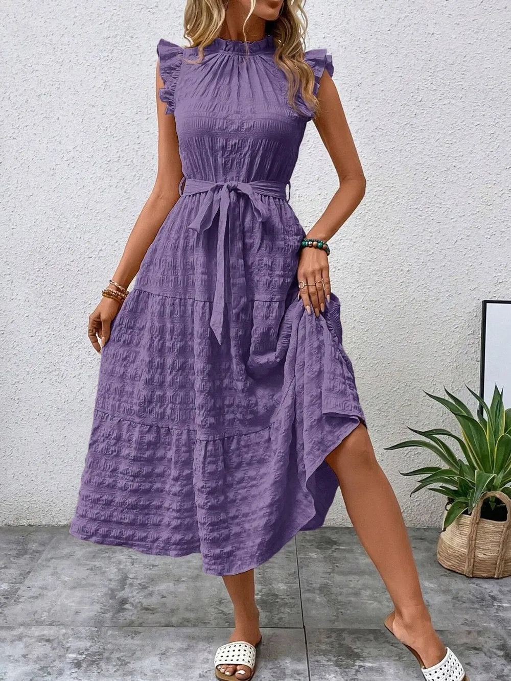 Tied Ruffled Cap Sleeve Midi Dress – Feminine Flowy Style