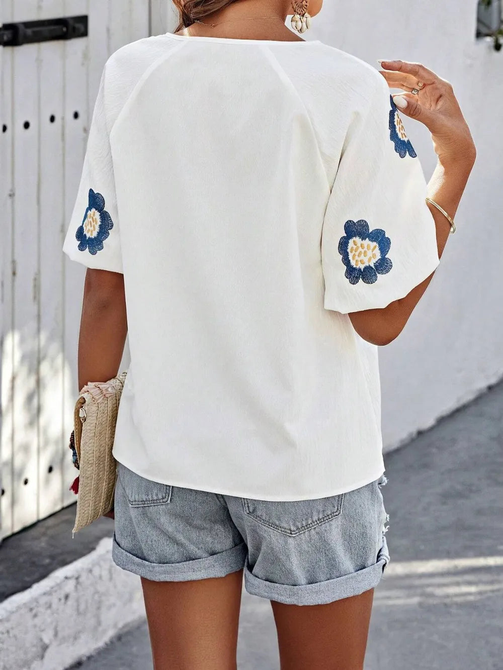 V-Neck Solid Color Loose Long Sleeve Top – Embroidered Tie Detail